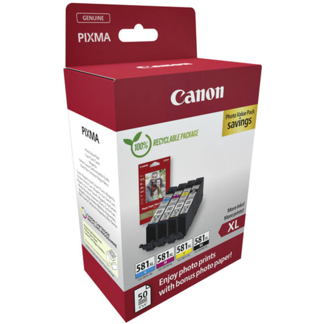 Inktcartridge Canon CLI-581XL 4 kleuren +50 vel fotopapier 10x15cm