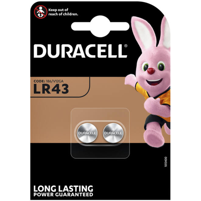 Batterij Duracell knoopcel 2xLR43 alkaline Ø11,6mm 2 stuks