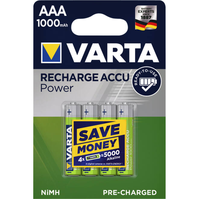 Batterij oplaadbaar Varta 4xAAA 1000mAh ready2use