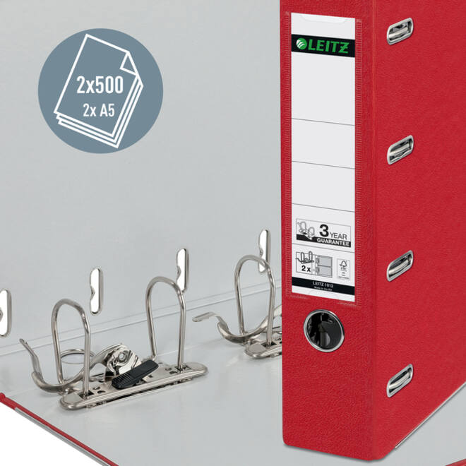 Giro-bank ordner Leitz A4 met dubbele mechaniek 80mm PP rood