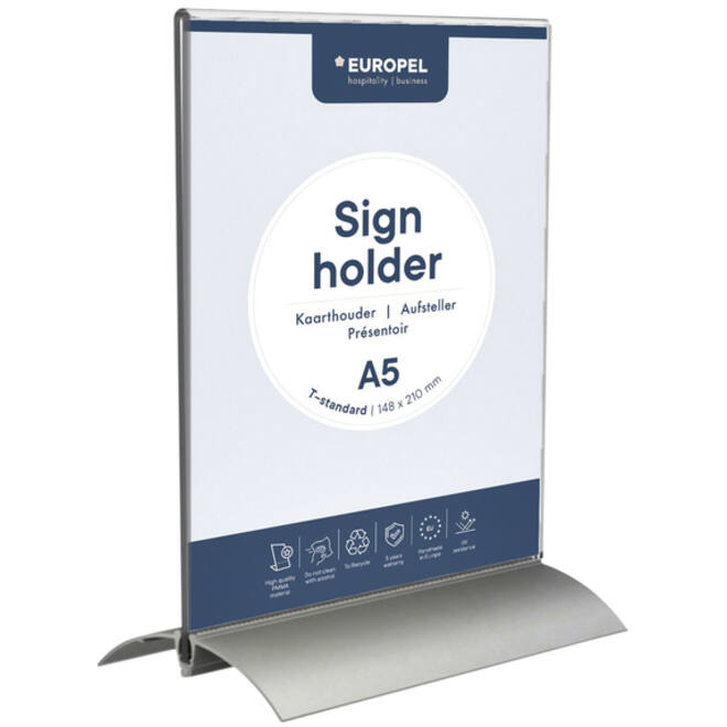 Kaarthouder Europel T-standaard A5 staand acryl / aluminium