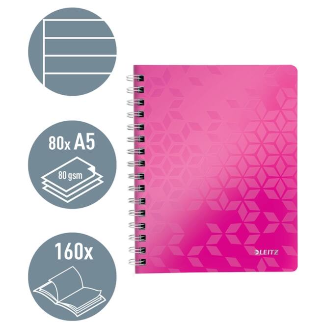 Notitieboek Leitz WOW A5 spiraal PP lijn roze