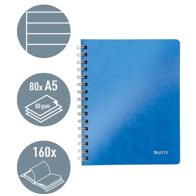 Notitieboek Leitz WOW A5 spiraal PP lijn blauw