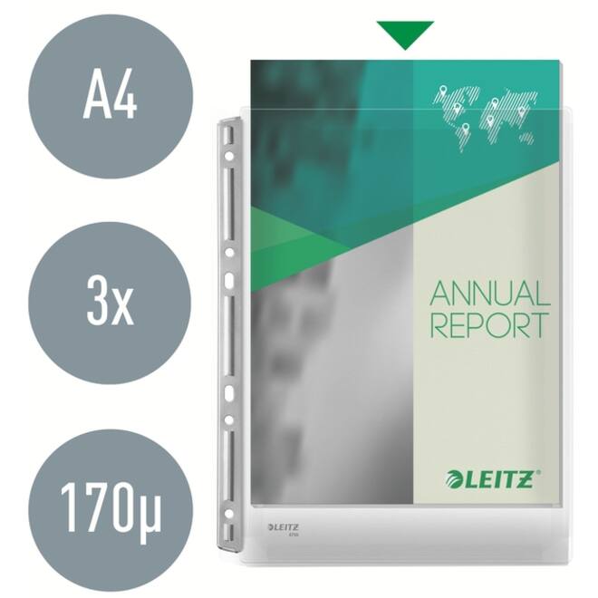 Harmonica showtas Leitz Premium 0.17mm metalen perforatiestrip copy safe A4 glashelder 3 stuks