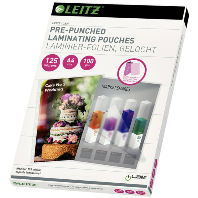 Lamineerhoes Leitz iLAM A4 met perforatieband 2x125micron EVA 100 stuks