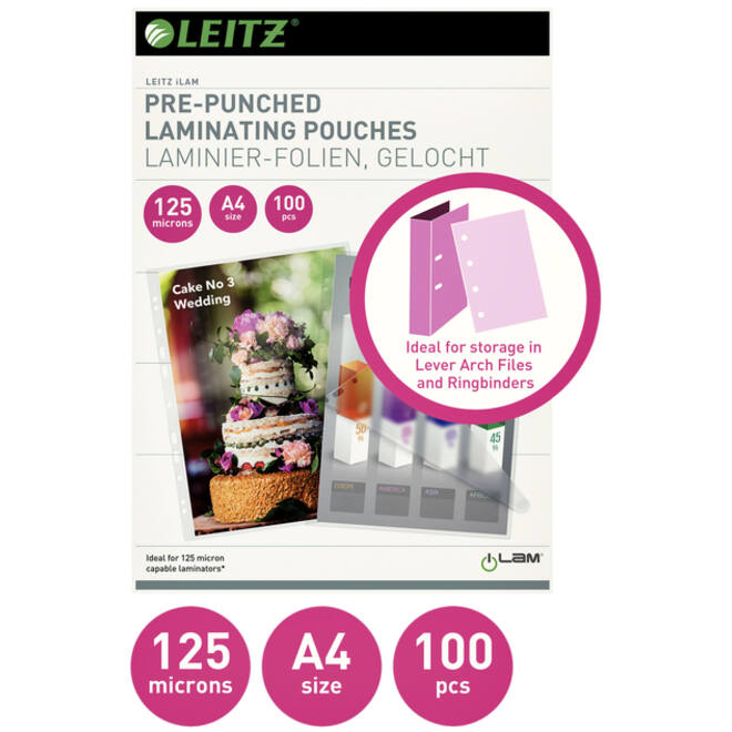 Lamineerhoes Leitz iLAM A4 met perforatieband 2x125micron EVA 100 stuks