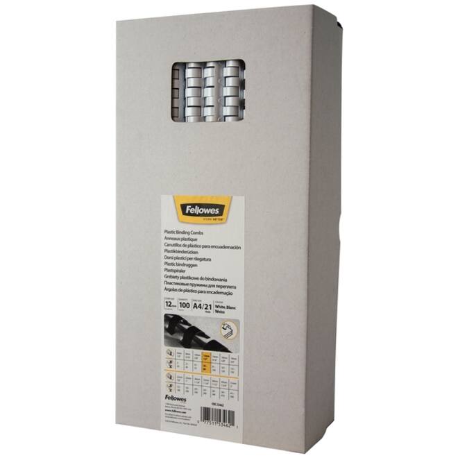 Bindrug Fellowes 12mm 21rings A4 wit 100stuks