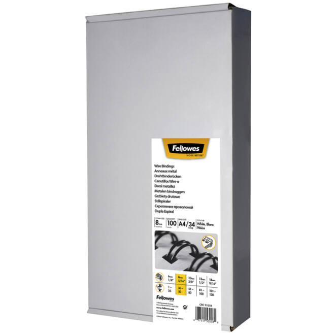 Draadrug Fellowes 8mm 34-rings A4 wit 100stuks