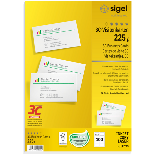 Visitekaart Sigel 85x55mm 225gr gladde zijden wit 100 stuks