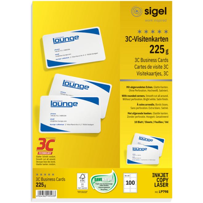 Visitekaart Sigel 85x55mm blanco 225gr ronde hoeken wit 100 stuks