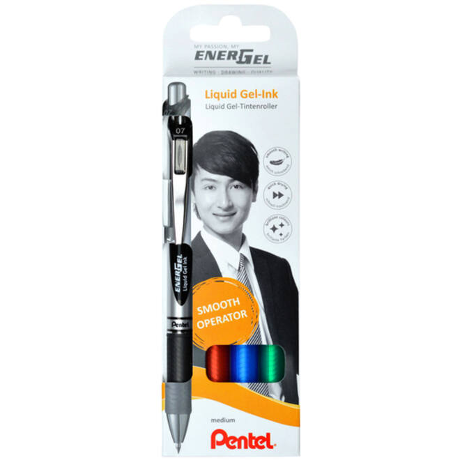 Gelschrijver Pentel BL77 Energel medium zwart-rood-blauw-groen blister à 4 stuks