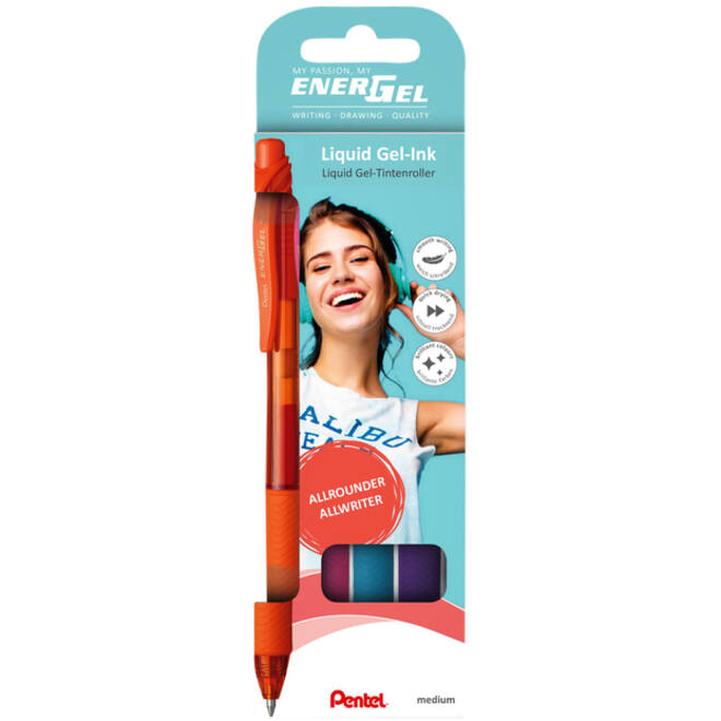 Gelschrijver Pentel BL107 Energel-X medium oranje-roze-lblauw-violet blister à 4 stuks