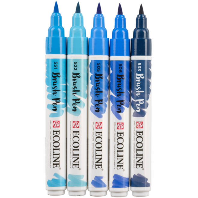 Brushpen Talens Ecoline set-blauw blister à 5 stuks ass