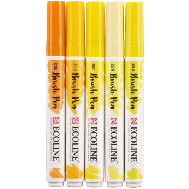 Brushpen Talens Ecoline set-geel blister à 5 stuks ass