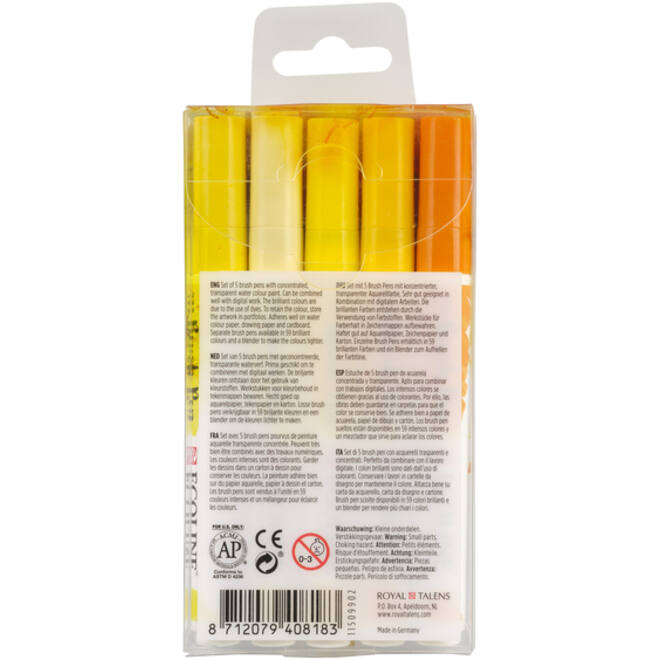 Brushpen Talens Ecoline set-geel blister à 5 stuks ass