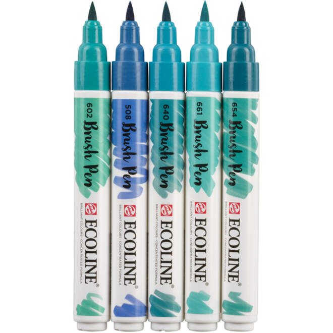 Brushpen Talens Ecoline set-groenblauw blister à 5 stuks ass