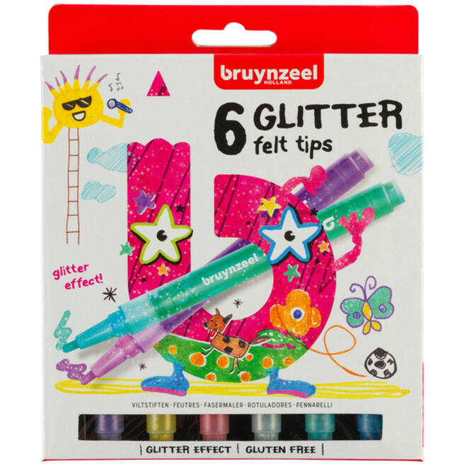 Viltstift Bruynzeel Kids glitter blister à 6 stuks assorti