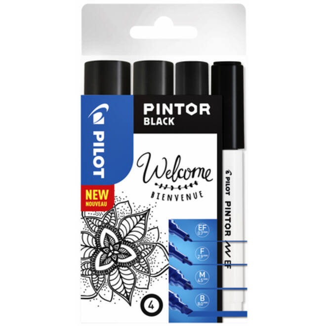 Verfstift Pilot Pintor assorti breedtes zwart etui à 4 stuks