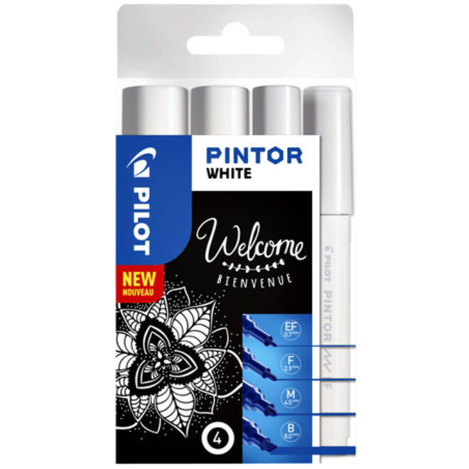 Verfstift Pilot Pintor assorti breedtes wit etui à 4 stuks