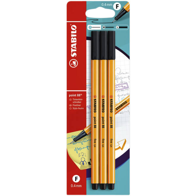 Fineliner STABILO point 88 fijn zwart blister à 3 stuks