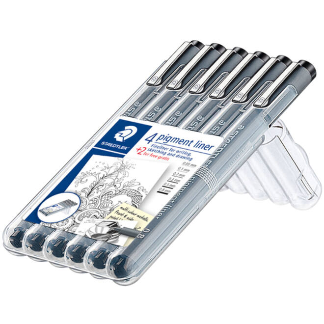 Fineliner Staedtler Pigment 308 zwart set 4+2 gratis