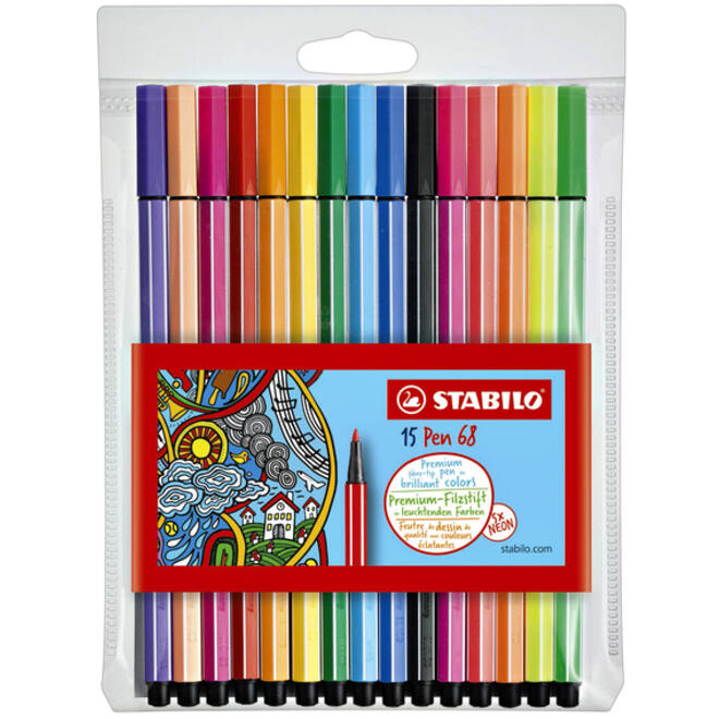 Viltstift STABILO Pen 68/15 medium assorti etui à 10+5 neon kleuren
