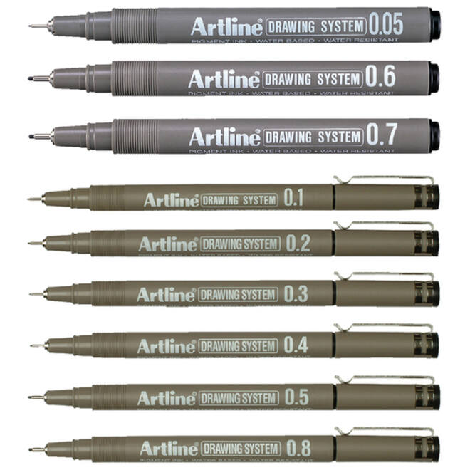 Fineliner Artline technisch etui met 0.1-0.3-0.5-0.7mm zwart