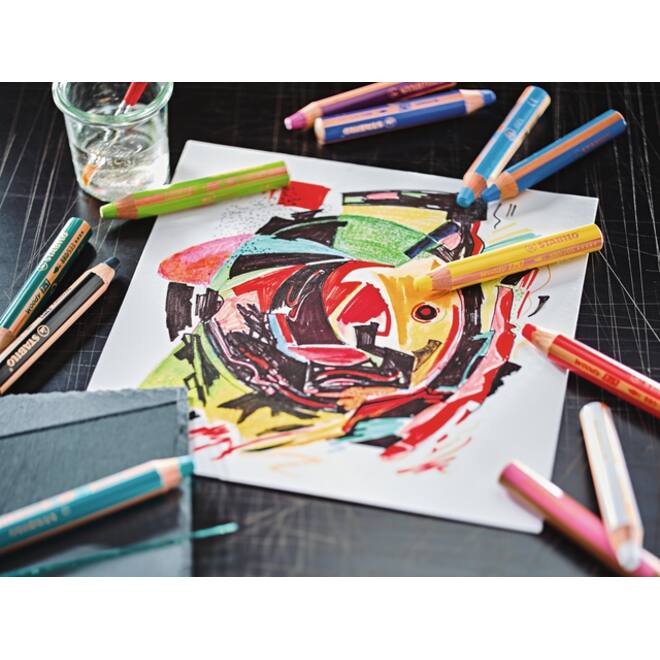 Kleurpotloden STABILO 880 woody 3 in 1 Arty inclusief puntenslijper assorti etui à 6 stuks