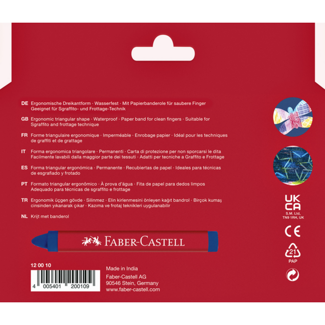 Waskrijt Faber-Castell driehoekig assorti set à 12 stuks