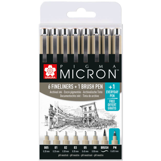 Fineliner & brush set Sakura Pigma Micron 7 + 1 Pigma Micron PN gratis