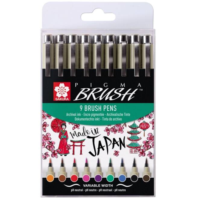 Viltift met brushpen Bruynzeel Sakura Pigma etui à 9 kleuren
