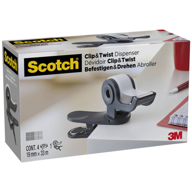 Plakbandhouder Scotch Clip C19 donkergrijs + 4rol magic tape 19mmx33m