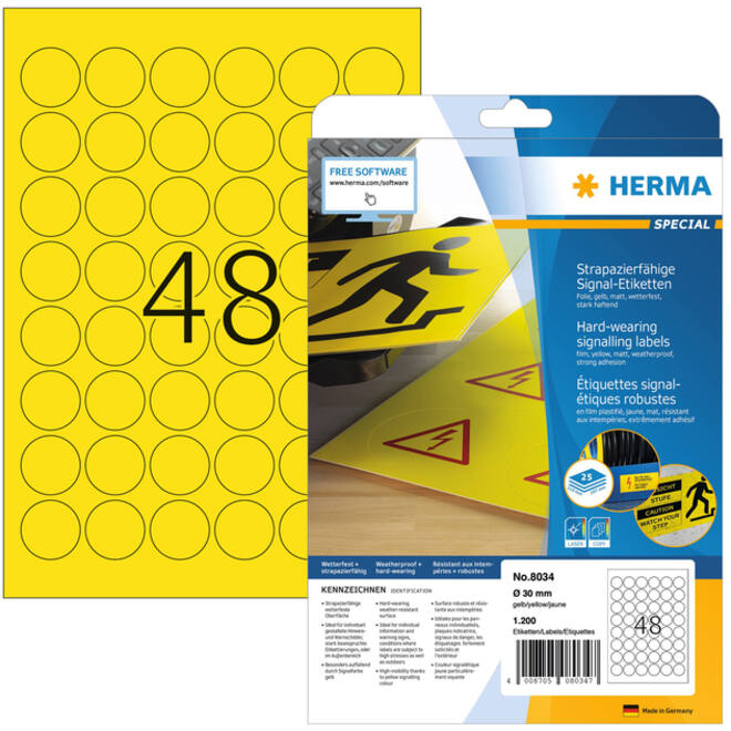 Etiket HERMA 8034 30mm rond weerbestendig geel 1200stuks