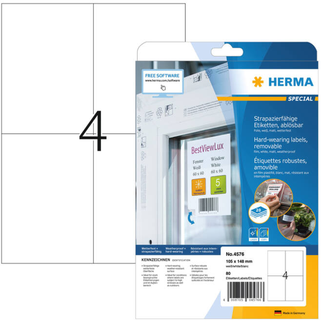 Etiket HERMA 4576 105x148mm folie wit 80stuks