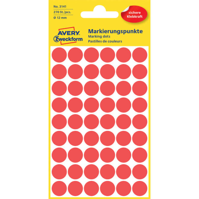 Etiket Avery Zweckform 3141 rond 12mm rood 270stuks