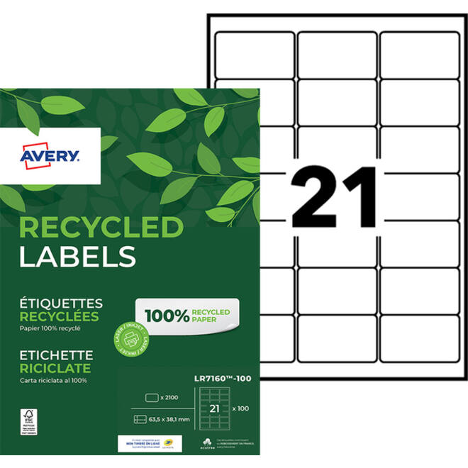 Etiket Avery LR7160-100 63.5x38.1mm recycled wit 2100stuks