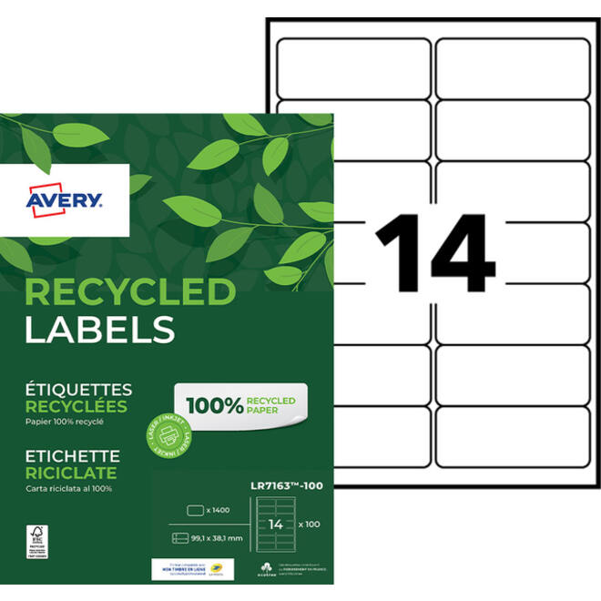 Etiket Avery LR7163-100 99.1x38.1mm recycled wit 1400stuks