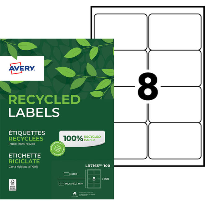 Etiket Avery LR7165-100 99.1x67.7mm recycled wit 800stuks