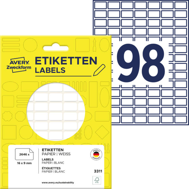 Etiket Avery Zweckform 3311 16x9mm wit 2646stuks