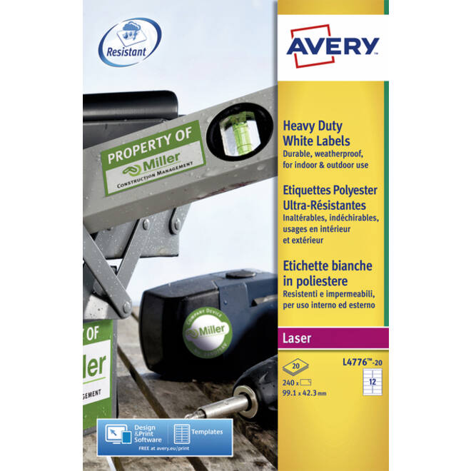 Etiket Avery L4776-20 99.1x42.3mm polyester wit 240stuks