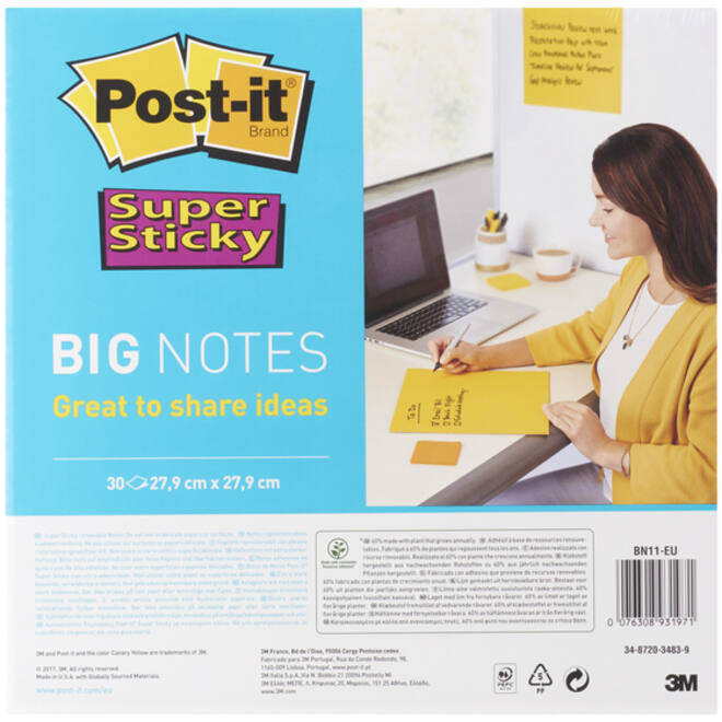 Memoblok Post-it Super Sticky Big Notes BN11-EU geel 279x279mm
