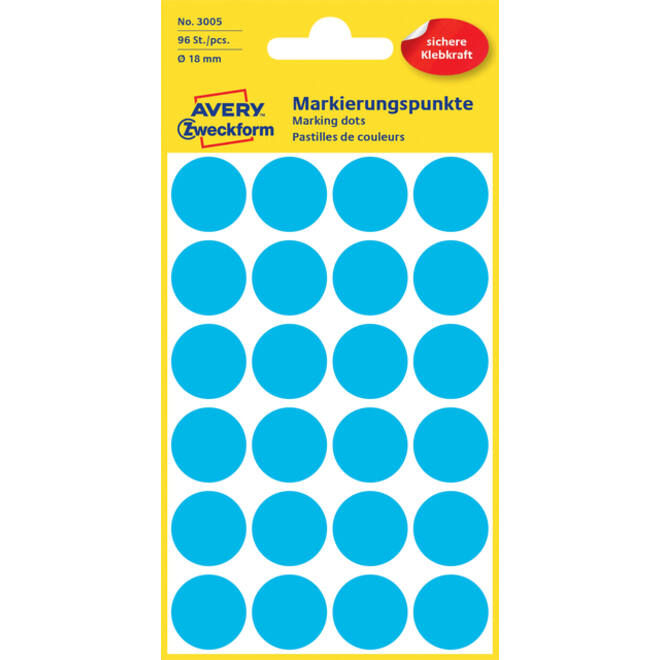 Etiket Avery Zweckform 3005 rond 18mm 96stuks blauw