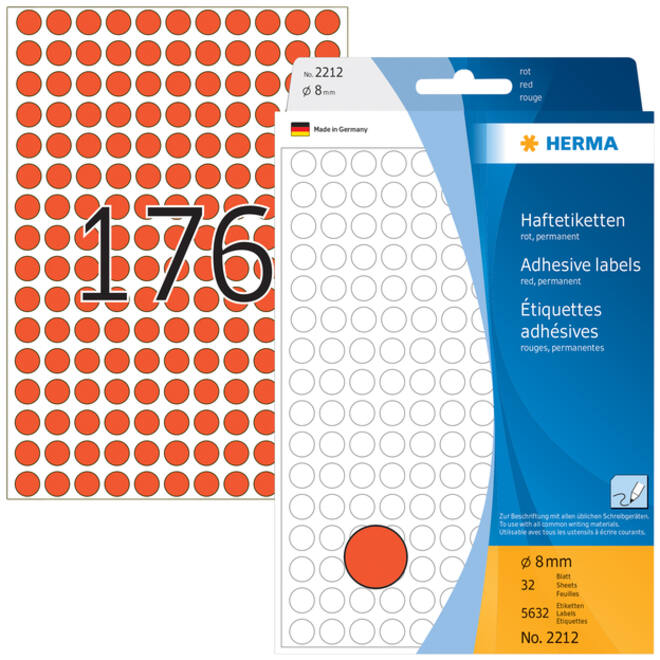 Etiket HERMA 2212 rond 8mm rood 5632stuks