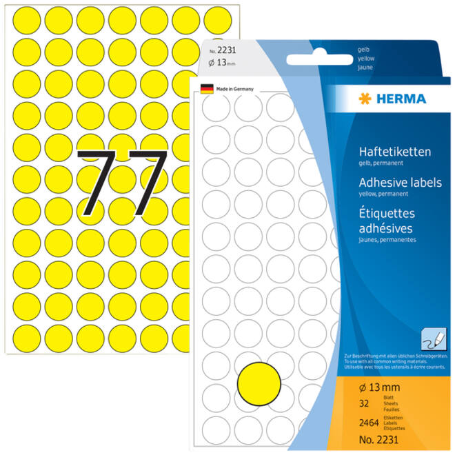 Etiket HERMA 2231 rond 13mm geel 2464stuks