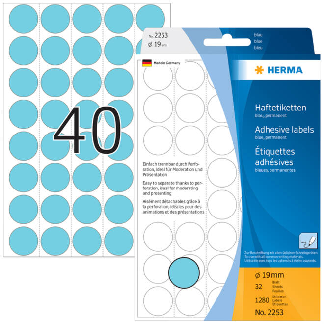 Etiket HERMA 2253 rond 19mm blauw 1280stuks