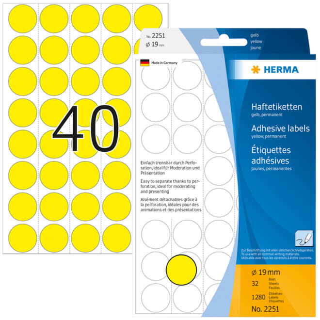Etiket HERMA 2251 rond 19mm geel 1280stuks