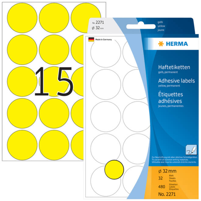 Etiket HERMA 2271 rond 32mm geel 480stuks
