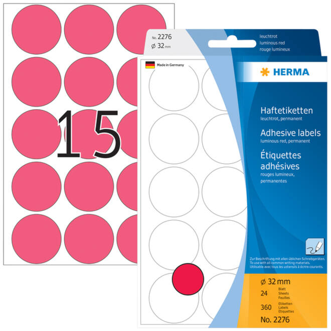 Etiket HERMA 2276 rond 32mm fluor rood 360stuks