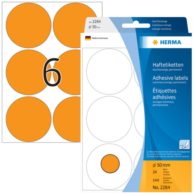 Etiket HERMA 2284 rond 50mm fluor oranje 144stuks
