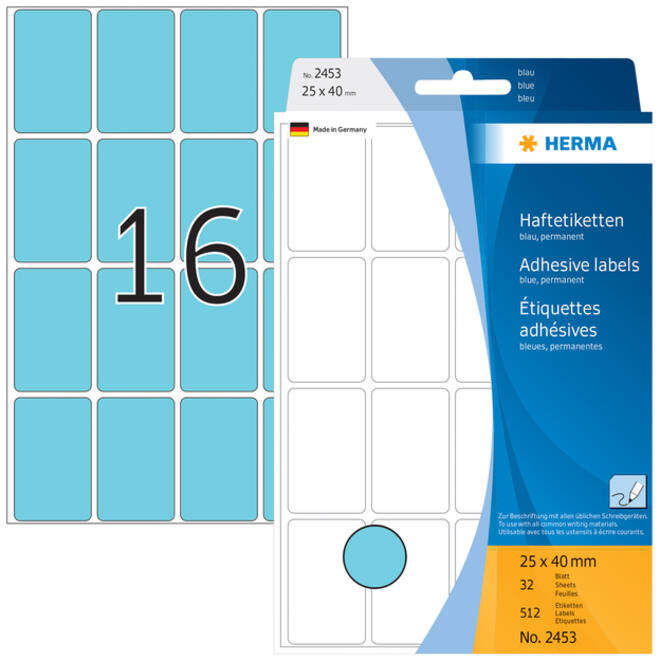 Etiket HERMA 2453 25x40mm blauw 512stuks